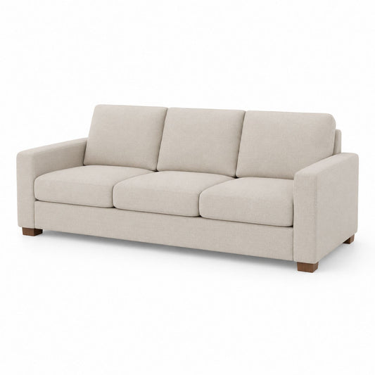 Beige Fabric Three-Seater Sofa with Wooden Legs 85.5in