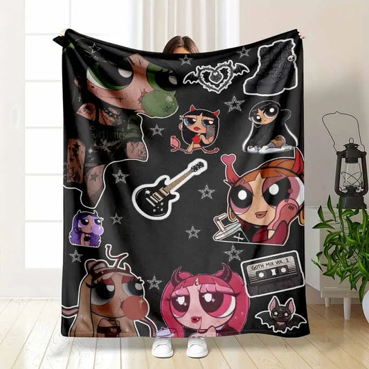 Goth Anime Style Flannel Blanket Aesthetic Cartoon Grunge Print Soft Lightweight Warm Cozy Bed Couch Travel