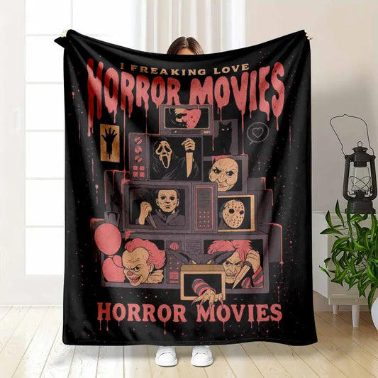 Spooky Movie Night Flannel Blanket Vintage TV Villain Print Throw