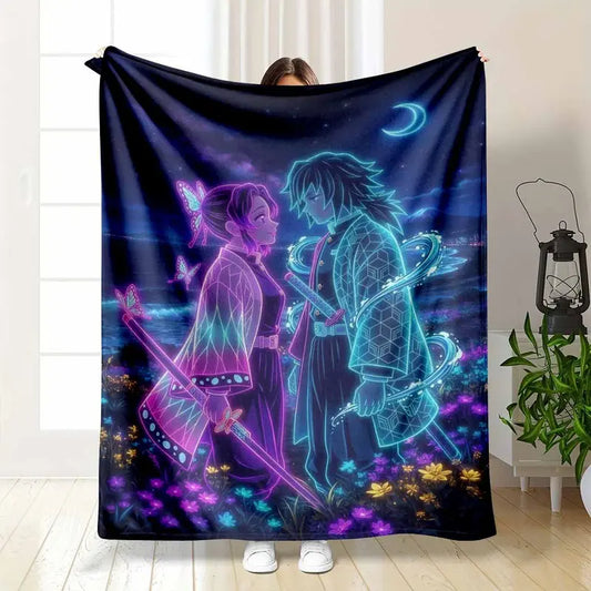 Neon Anime Couple Flannel Blanket Glowing Butterfly Sword Pattern Ultra Soft Lightweight Warmth Durable Breathable For Bedroom Living Room Couch Travel Birthday Holiday Gift