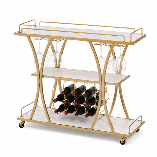 Gold Metal and Marble Finish Rolling Bar Cart with Wine Rack and Glass Holder