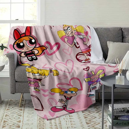 Pink Cartoon Print Flannel Fleece Throw Blanket - 90s Retro Girl Power Squad for Home and Camping - image 9