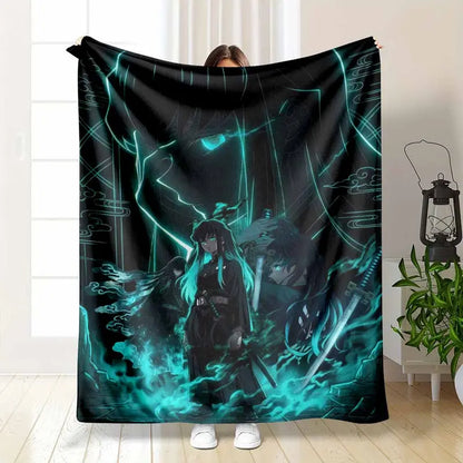 Glow Neon Mist Flannel Blanket with Anime Swordsman Design Soft Lightweight Warm Throw