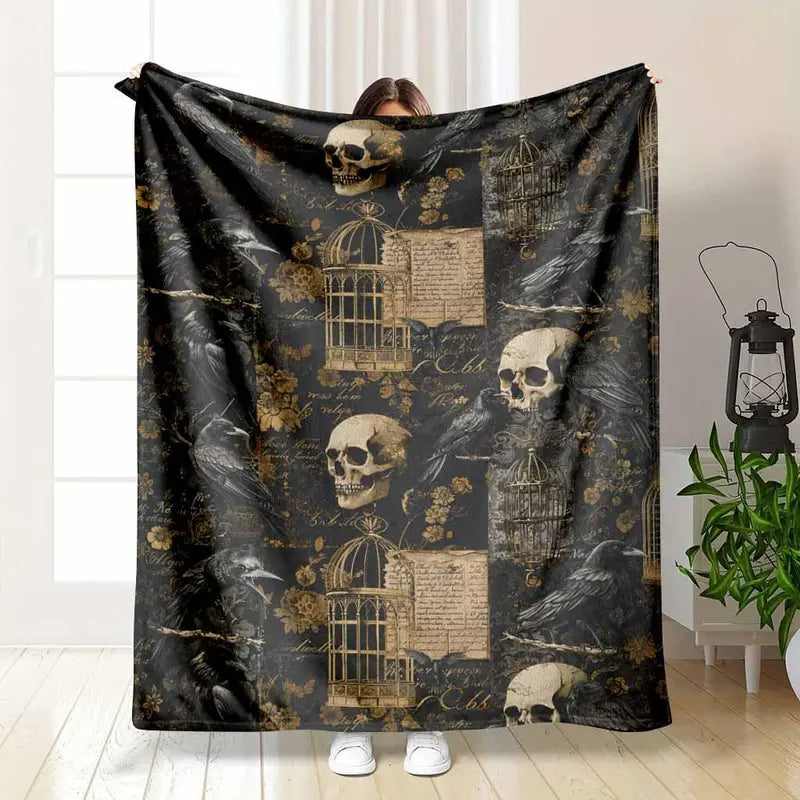 Gothic Raven Skull Flannel Throw Blanket
