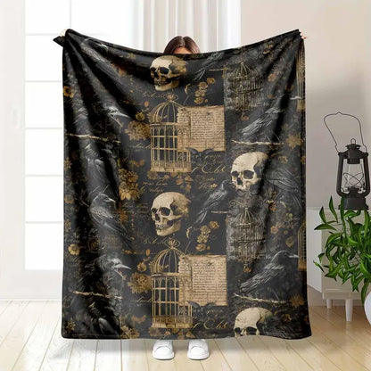 Gothic Raven Skull Flannel Throw Blanket