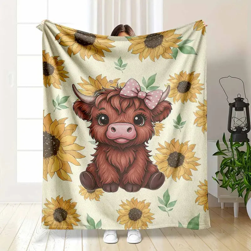 Cute Highland Cow Print Flannel Throw Blanket Sunflower, Soft 30x40–60x80