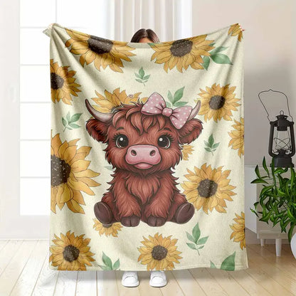 Cute Highland Cow Print Flannel Throw Blanket Sunflower, Soft 30x40–60x80