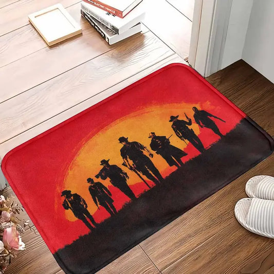 Red Dead Redemption 2 Western Cowboy Outlaw Silhouette Rug - Durable Polyester Soft Fabric Mat