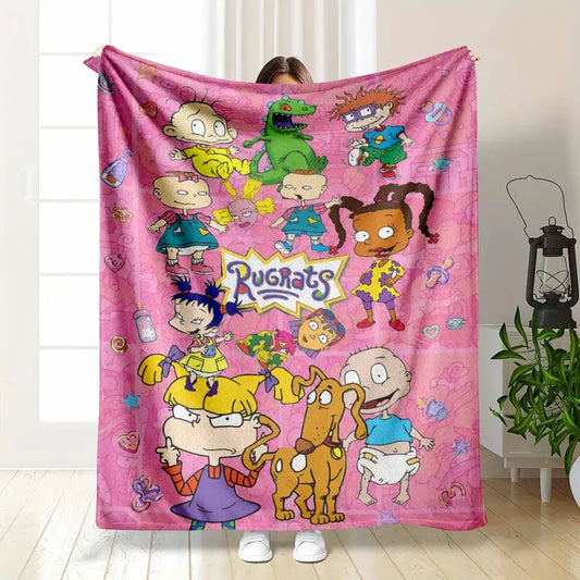 Retro Cartoon Friends Flannel Blanket Pink Doodle Character Soft Cozy Throw - Textiles & Soft Furnishings