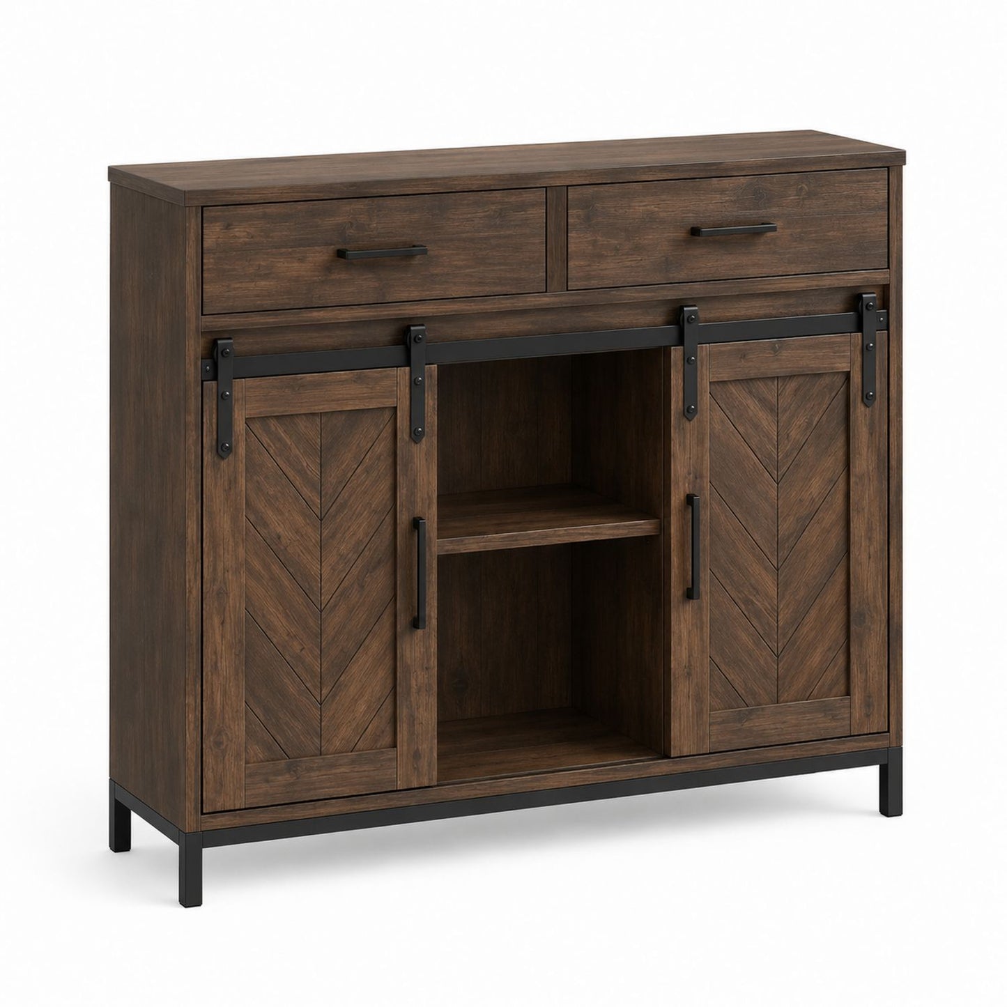 Wooden Sideboard with Sliding Barn Doors and Shelves