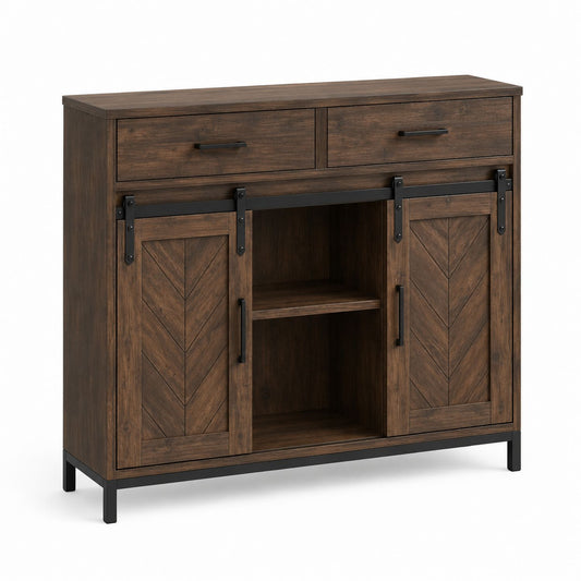 Wooden Sideboard with Sliding Barn Doors and Shelves