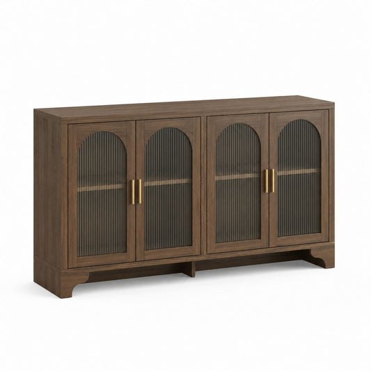 Wooden Sideboard Buffet with Ribbed Glass Doors and Brass Handles, Brown 60x15x30 Inches