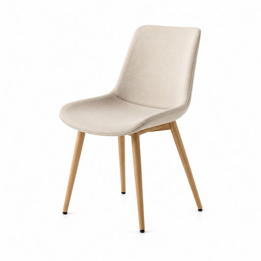 Beige Polyester Upholstered Dining Chair with Oak Legs and Curved Backrest