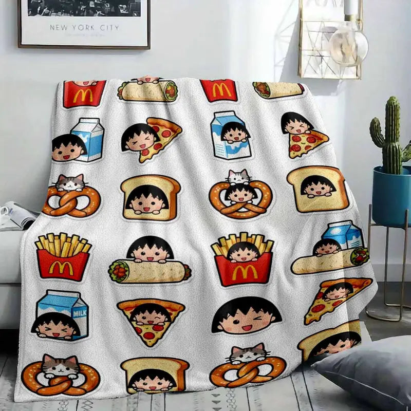 Chibi Maruko-chan Anime Flannel Blanket, Food Print Throw, 60×80 in - image 2