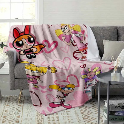 Pink Cartoon Print Flannel Fleece Throw Blanket - 90s Retro Girl Power Squad for Home and Camping - image 3