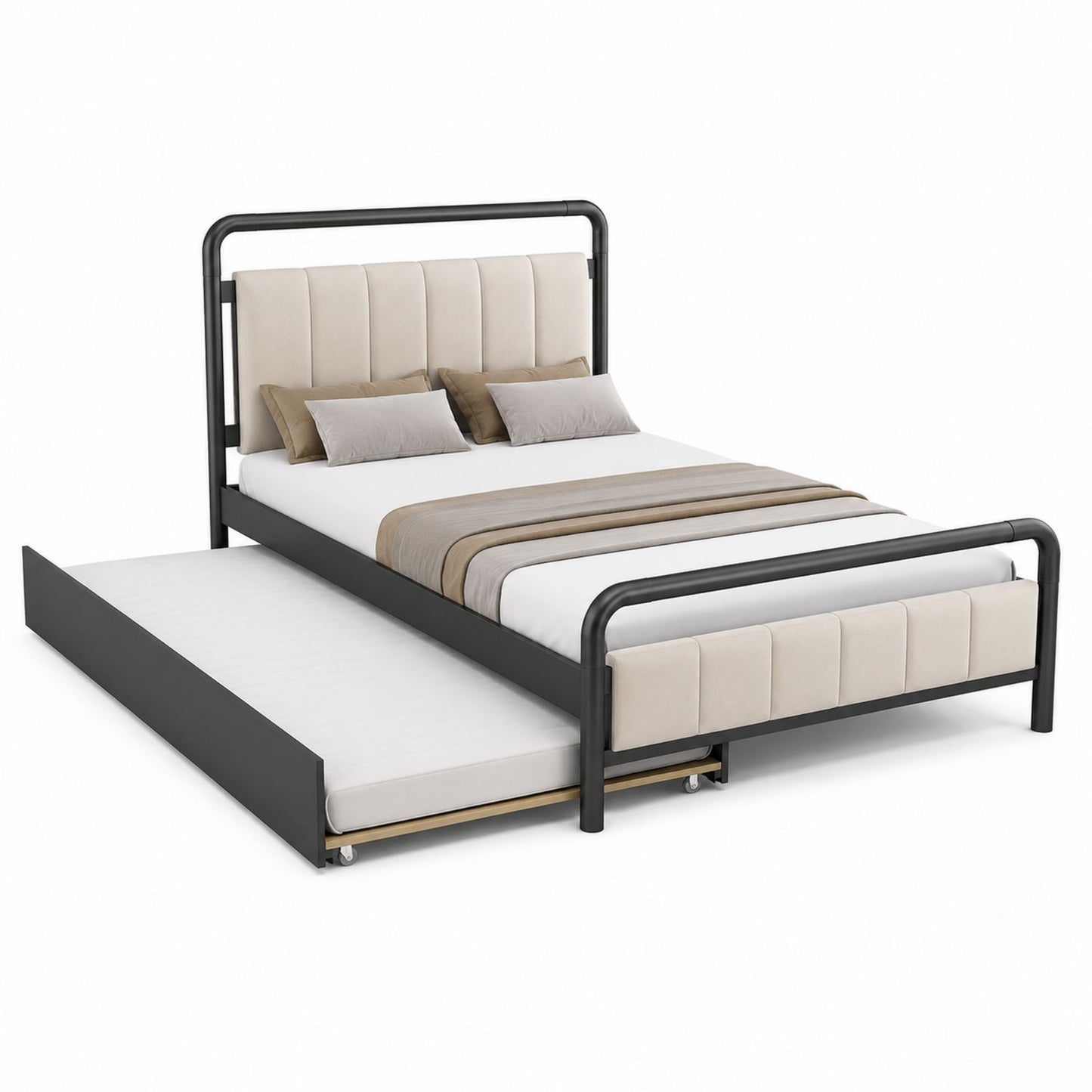 Metal Upholstered Platform Bed with Trundle Beige/Black 78.7in x 59in