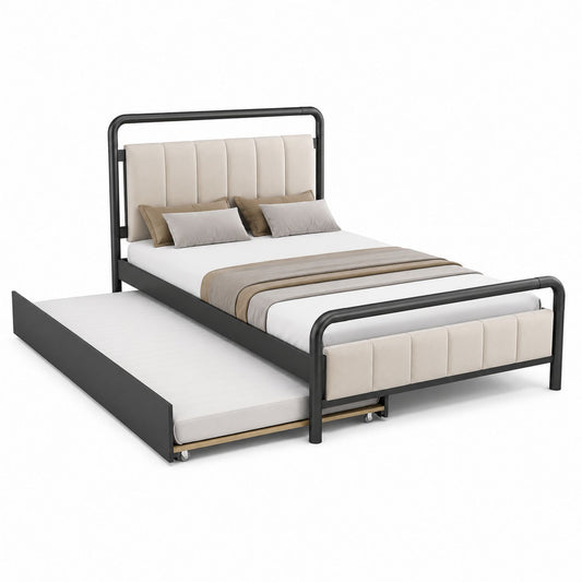 Metal Upholstered Platform Bed with Trundle Beige/Black 78.7in x 59in
