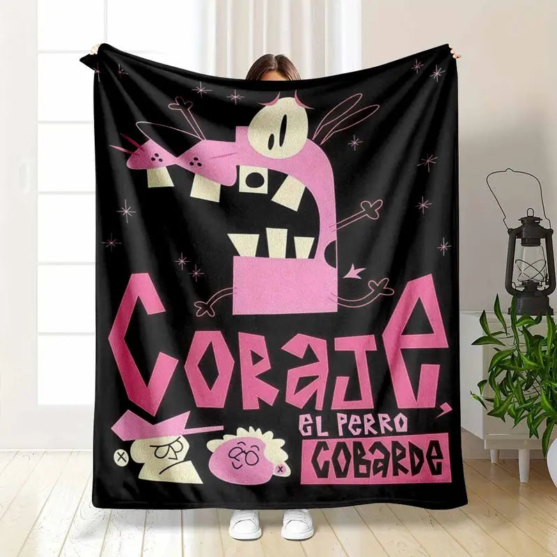 Scared Dog Flannel Blanket Pink Cartoon Monster & Eye Print Throw