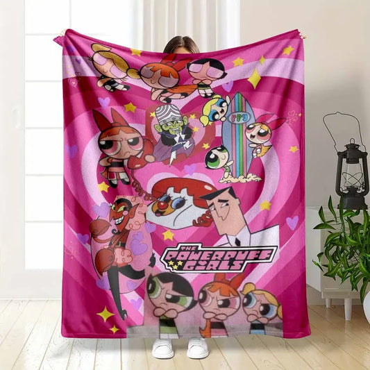 Powerpuff Girls Cartoon Theme Flannel Blanket - Soft Warm Bedroom Throw