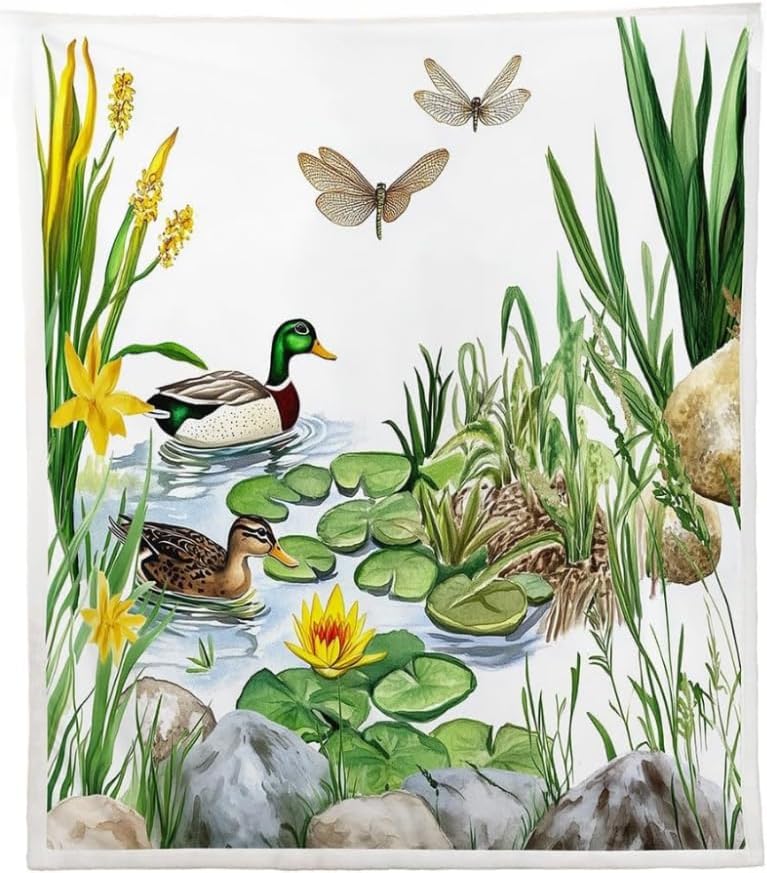 Sherpa Throw Blanket - Duck Hunting Themed Fuzzy Sherpa Blanket- Mallard Duck Print, Green Frog Pattern, '- Perfect for Boys, Girls & Teens- Rustic Farmhouse