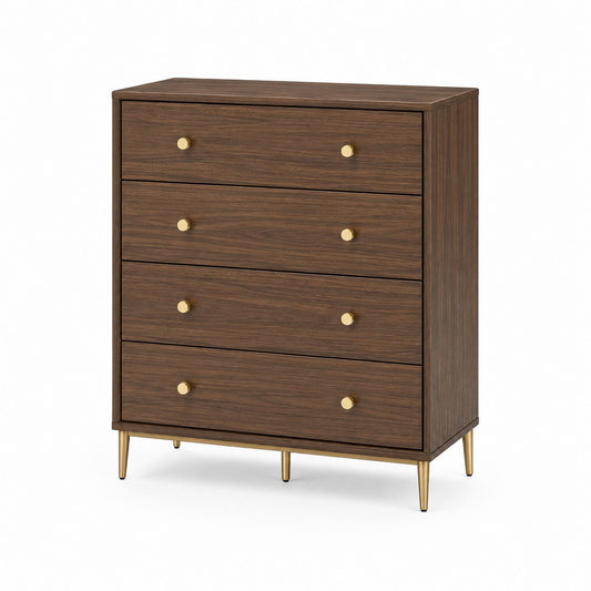 4-Drawer Walnut Veneer Dresser with Metal Legs