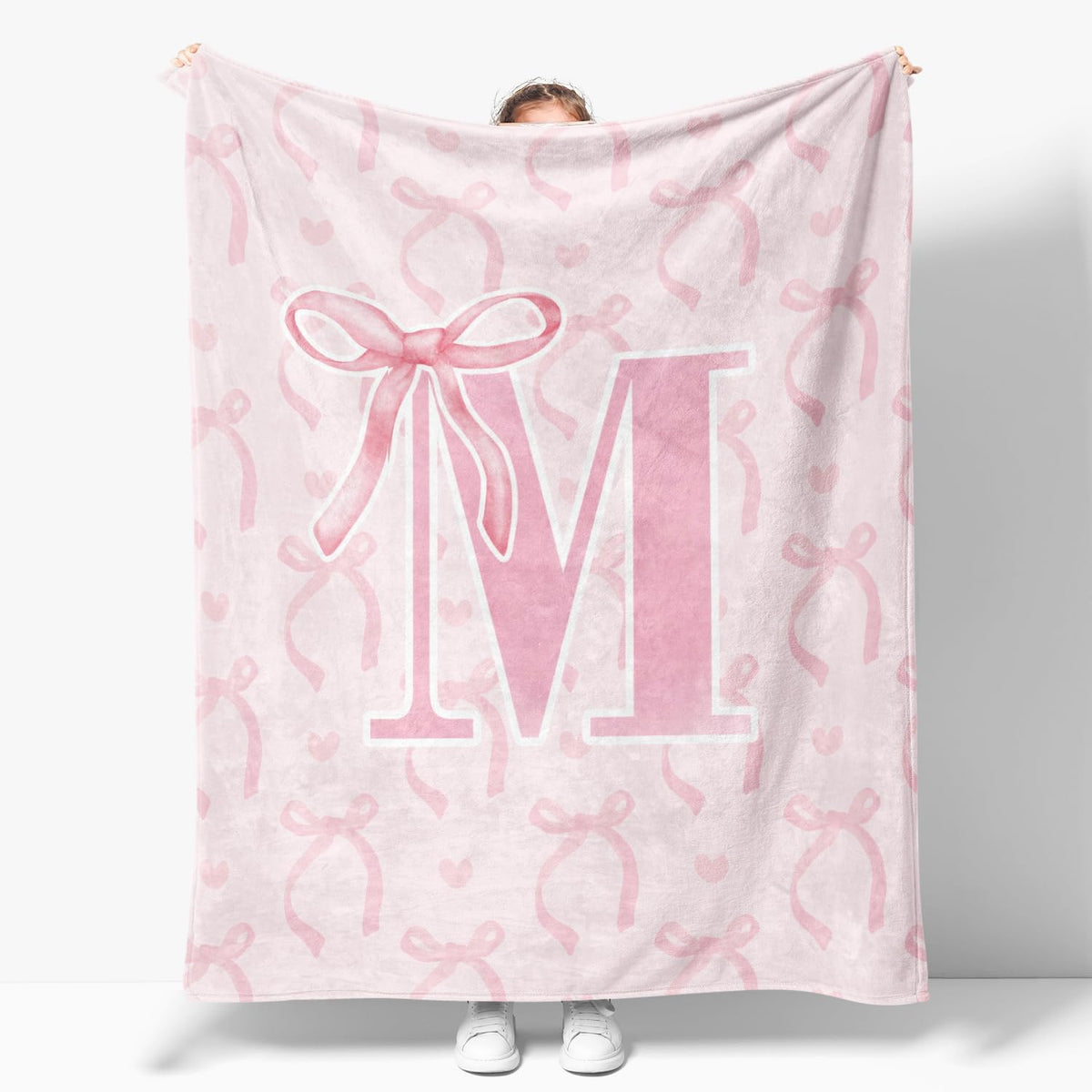 Throw Blanket - Coquette Pink Bow Letter Initial M Throw Blanket for Women