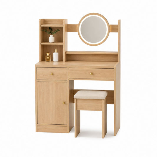 Wood Vanity Set with Mirror and Stool Light Oak