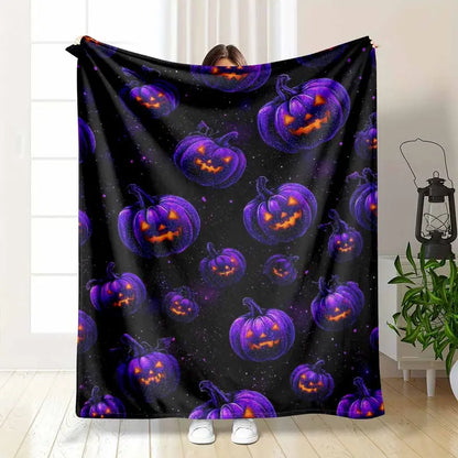 Purple Halloween Flannel Blanket - Galaxy Jack-O'-Lantern Pumpkin Print, Lightweight Cozy & Multi-Size