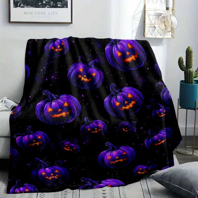 Purple Halloween Flannel Blanket - Galaxy Jack-O'-Lantern Pumpkin Print, Lightweight Cozy & Multi-Size - image 2