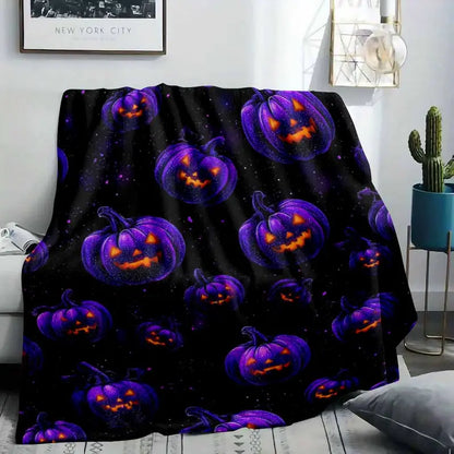 Purple Halloween Flannel Blanket - Galaxy Jack-O'-Lantern Pumpkin Print, Lightweight Cozy & Multi-Size - image 2