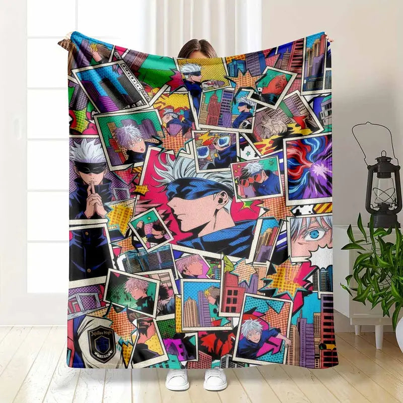 Anime Character Flannel Fleece Blanket - Vibrant Pop Art Collage Print, Lightweight and Soft Bedding Throw for Living Room, Bedroom, Sofa, Travel, Camping