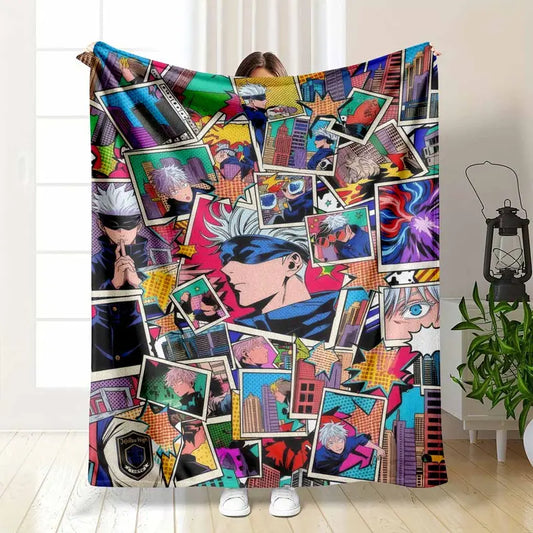 Anime Character Flannel Fleece Blanket - Vibrant Pop Art Collage Print, Lightweight and Soft Bedding Throw for Living Room, Bedroom, Sofa, Travel, Camping