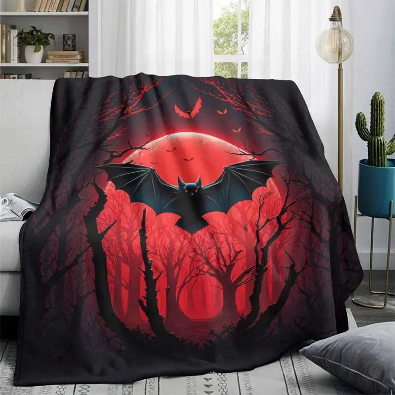 Gothic Bat Flannel Blanket with Red Moon Dark Forest Print Thermo Throw for Halloween Home & Outdoor - image 2
