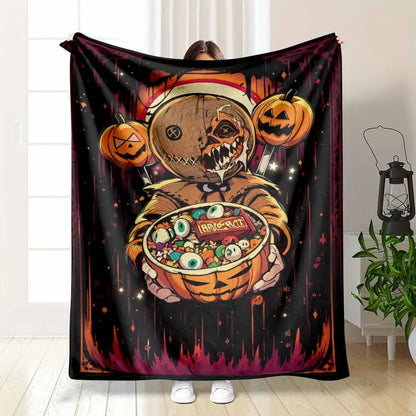Halloween Pumpkin Monster Flannel Throw Blanket - Cozy Lightweight Wrinkle-Resistant Textile
