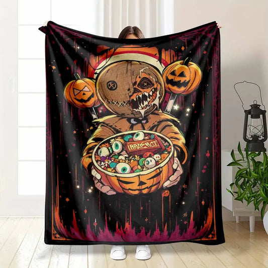 Halloween Pumpkin Monster Flannel Throw Blanket - Cozy Lightweight Wrinkle-Resistant Textile