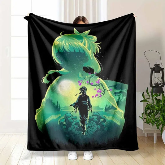 Anime Landscape Flannel Throw Blanket Moonlit Forest Cherry Blossom Pattern, Soft Breathable Cozy Throw