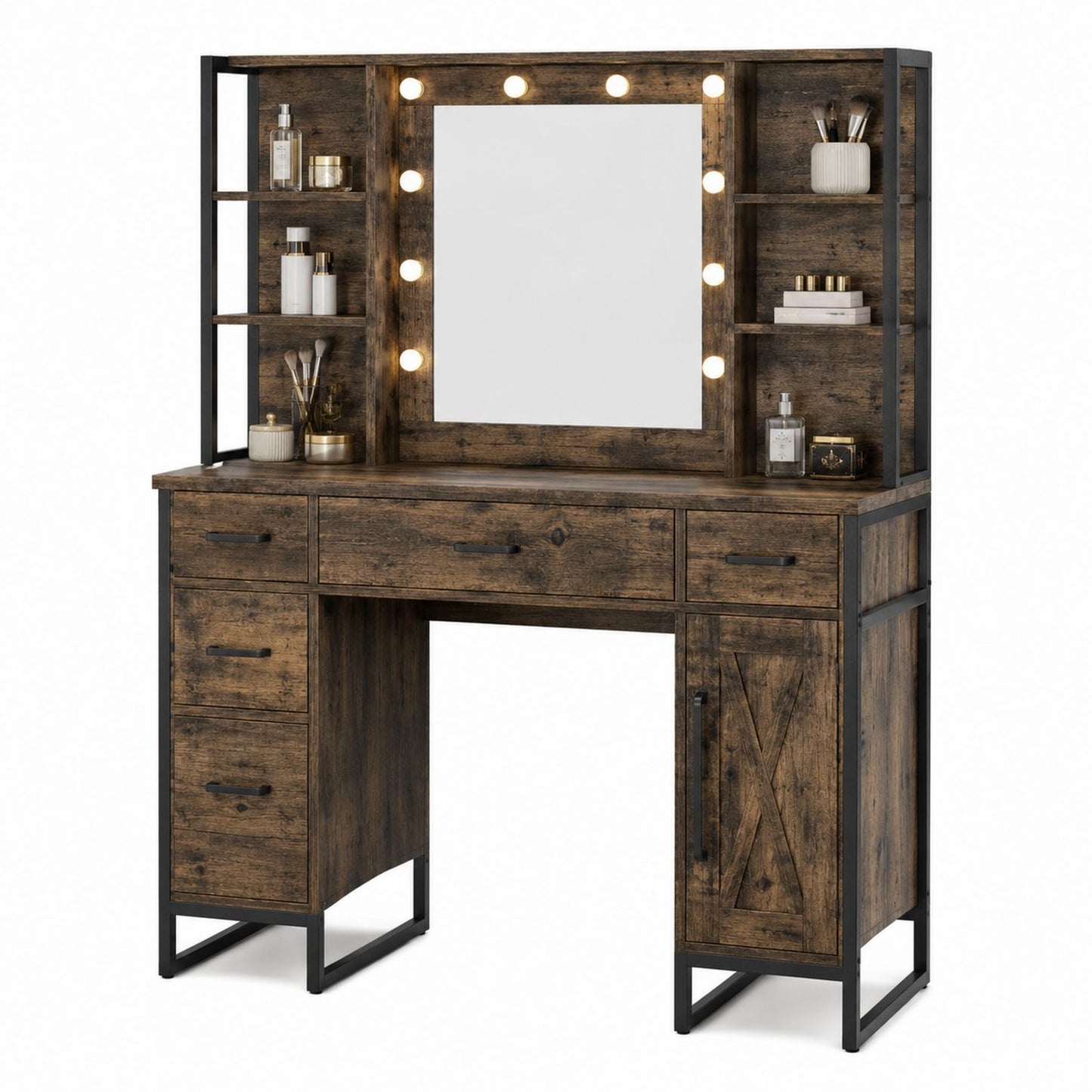Wood and Metal Vanity Table with LED Mirror and Shelves