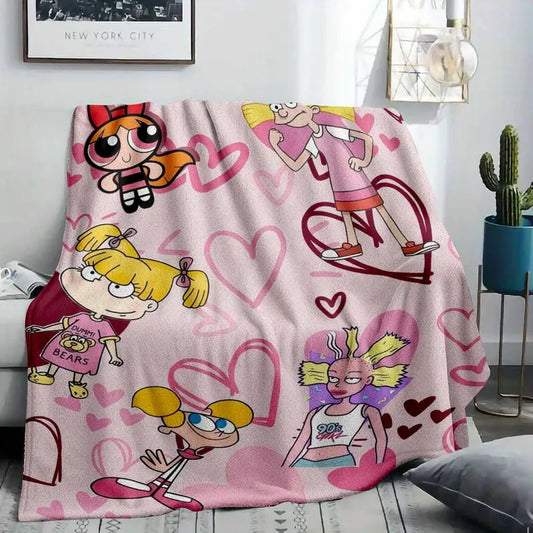 Pink Cartoon Print Flannel Fleece Throw Blanket - 90s Retro Girl Power Squad for Home and Camping - image 2