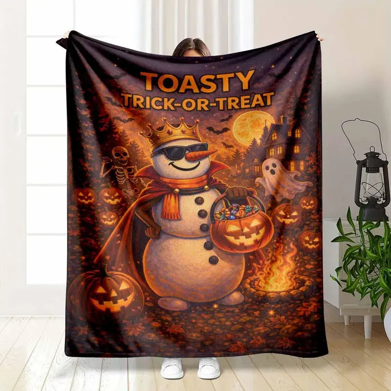 Halloween Toasty Trick Or Treat Snowman Flannel Blanket - Soft Lightweight Plush Throw