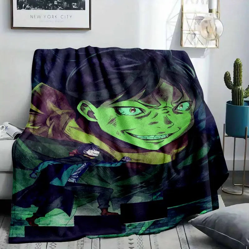 Dark Anime Sorcerer Flannel Throw Blanket, Green Glow - image 2