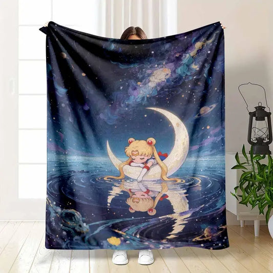 Anime Girl Crescent Moon Flannel Blanket Soft Throw