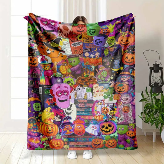 Halloween Cartoon Printed Flannel Blanket 30x40in Colorful Witch Cat Ghost Soft Cozy Decor