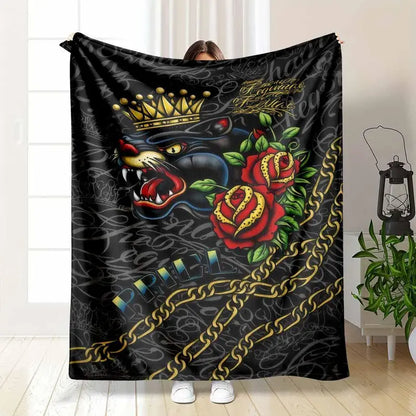 3dED HARDY Tattoo Black Panther Skull Blanket - Soft & Durable Living Room & Bedroom Throw