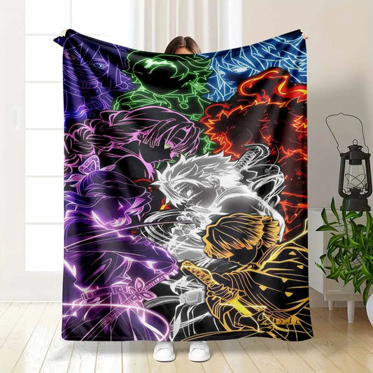 Demon Slayer Neon Anime Warriors Flannel Blanket, Vibrant Silhouette Graphic Design, Super Soft Lightweight Cozy Throw for Living Room, Bed, Sofa, Camping & Fan Gifts