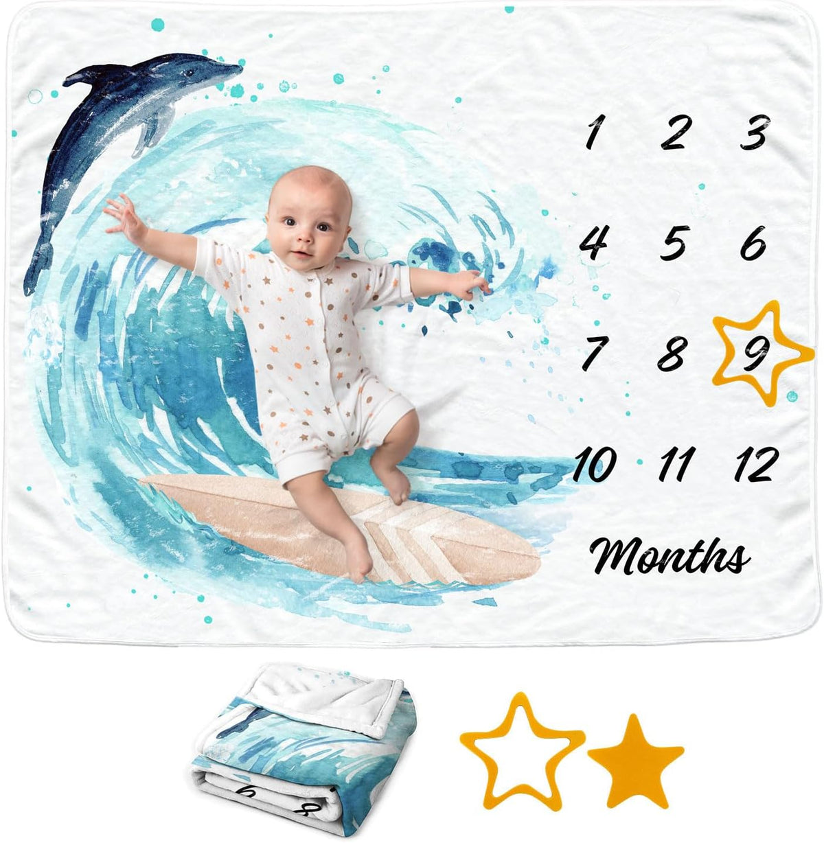 Baby Blanket - Ocean Baby Monthly Blanket for Boys, Surfing Newborn Month Blanket, SportSoft Flannel Photography Background Prop, Sport Personalized Shower