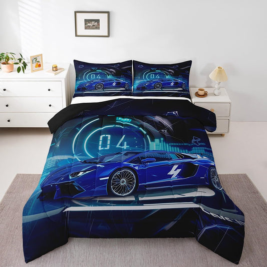 Pillow Cover - Race Car Comforter - Toddler Full, Blue Racing Car Bedding Set for Teens & Youth, Sports Duvet Insert, Novelty Extreme Sports Quilt Comforter