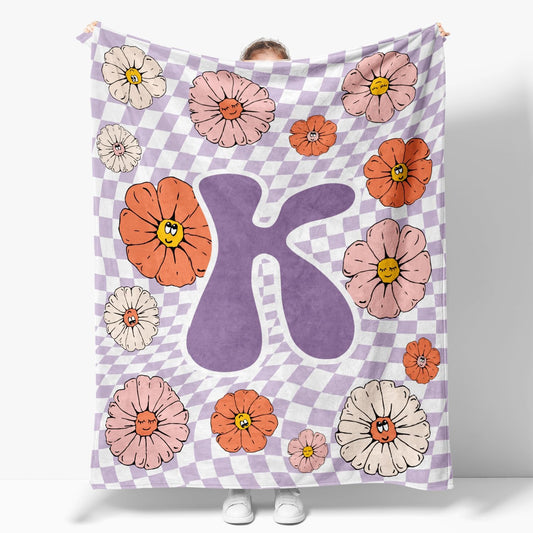 Throw Blanket - Checkered Initial K Throw Blanket, Purple Bedroom Decor for Girls
