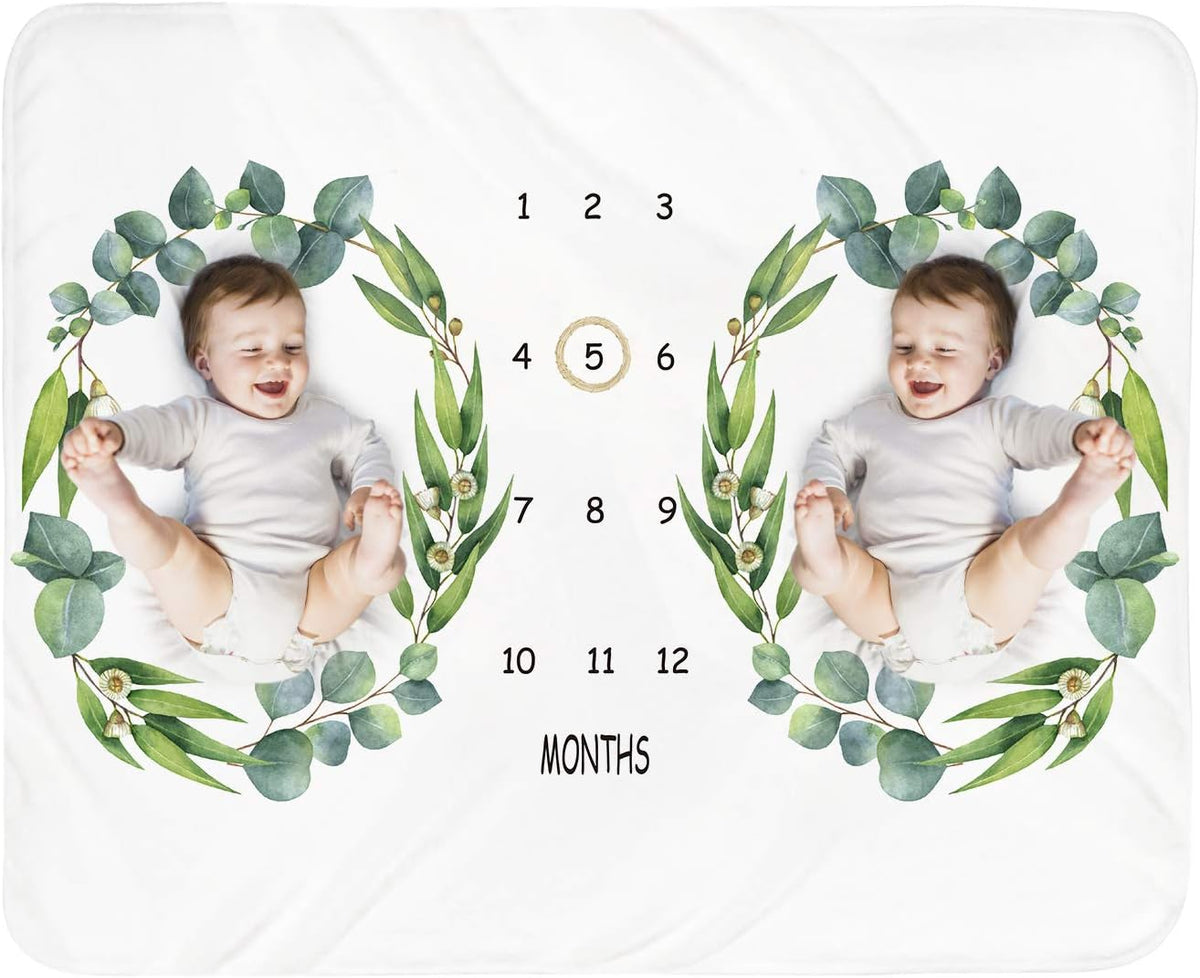 Baby Blanket - Baby Monthly Milestone Blanket Twins - Newborn Month Blanket Unisex Neutral Personalized Shower Gift Leaf Nursery Decor Photography Background