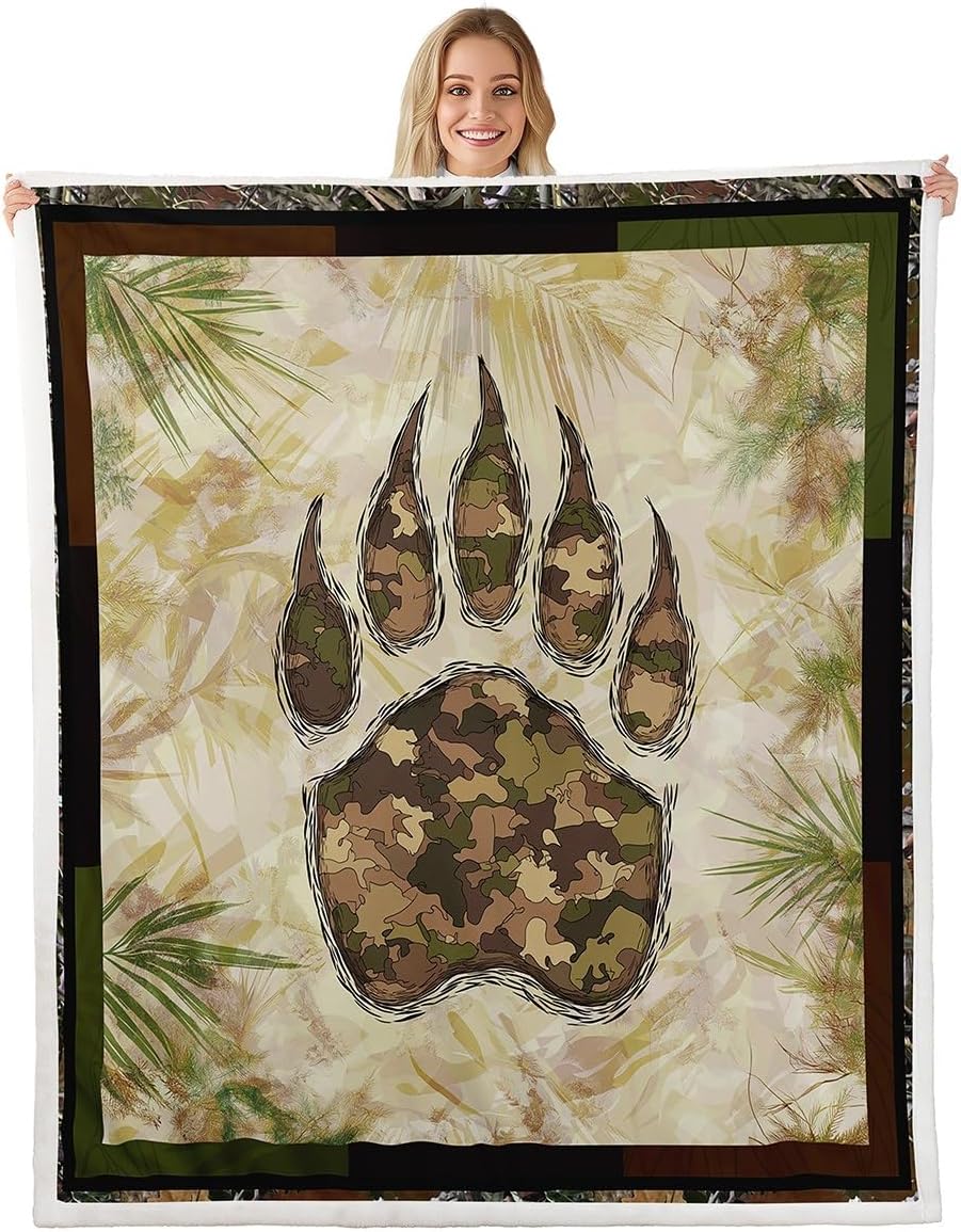 Fleece Throw Blanket - Camo Bear Paw Plush Bed Blanket Throw 50'X60' Camouflage Wild Animal Fleece Blanket Nature Woodland Tree Branch Camo Throw Blanket For