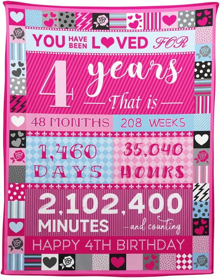 Blanket - 4 Year Old Girl Birthday Gifts, Pink Love Rose Elements Happy Birthday Blanket, Ideal Birthday Party Decoration for Kids, 50'x60'
